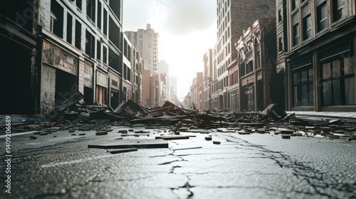 An earthquake shaking a city street. Featuring trembling buildings and chaos