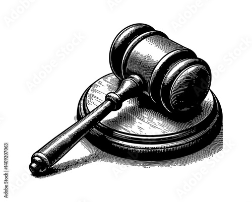 Detailed Engraved Illustration of a Gavel and Sounding Block on White Background, Court