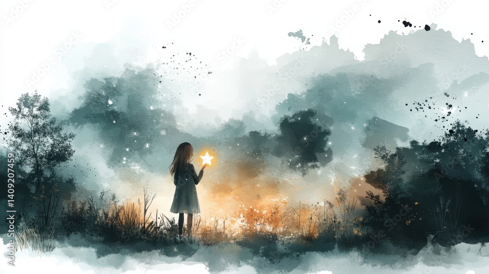A silhouette of a girl holding a glowing star stands amidst a misty, atmospheric landscape with dark trees and a dreamy background. A silhouette of a girl holding a glowing star stands amidst a misty, atmospheric landscape with dark trees and a dreamy background.