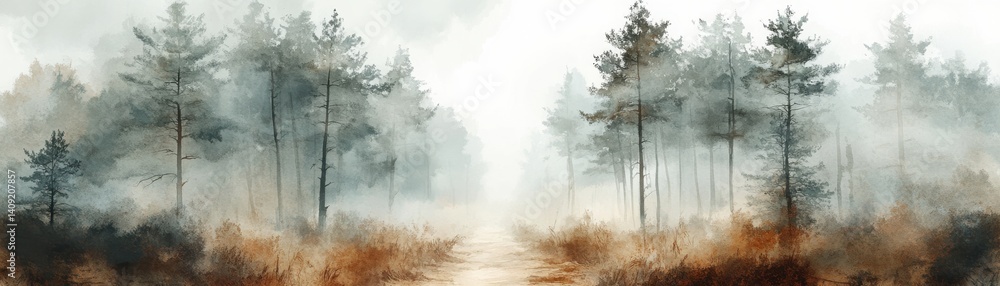 custom made wallpaper toronto digitalA serene watercolor landscape of a misty forest, featuring tall pine trees and a soft, muted color palette, evoking tranquility and natural beauty.