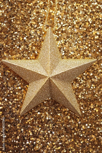 Golden Star on Glittering Background: Festive Christmas Decoration