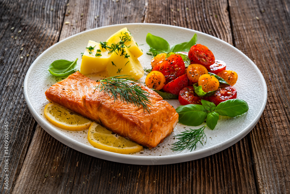 Seared salmon steak with cherry tomatoes and boiled potatoes on wooden table