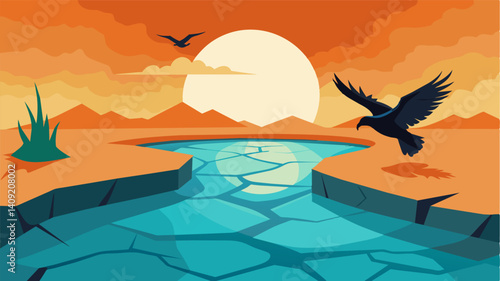 As the hot sun beat down on the cracked reservoir a lone bird flew overhead its desperate caw echoing the cries of the regions inhabitants for relief from the water scarcity.. Vector illustration