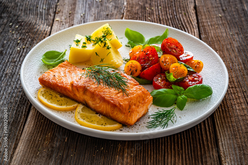 Obraz na płótnie Seared salmon steak with cherry tomatoes and boiled potatoes on wooden table w salonie