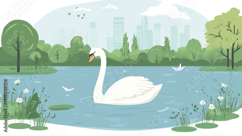 Digital illustration depicting a white swan swimming on a calm lake. The lake is surrounded by lush green trees and vegetation. 