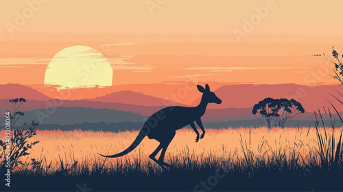 A stylized vector illustration depicting the silhouette of a kangaroo hopping across a flat grassland at sunset.  The background features a large, bright sun setting behind a range of low hills