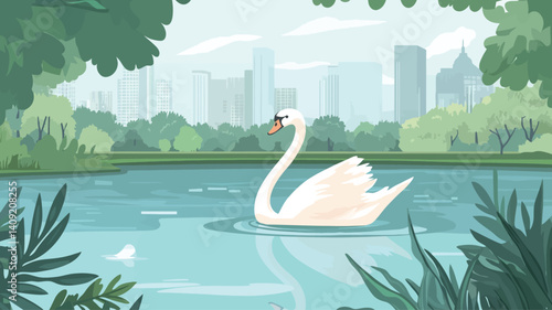 Digital illustration depicting a white swan swimming serenely on a calm lake. The lake is surrounded by lush green trees and foliage, framing the scene.  In the background
