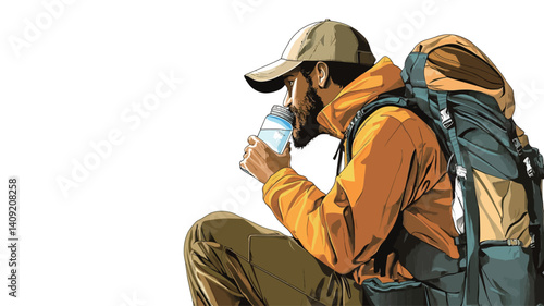 A vector illustration depicting a man, wearing a baseball cap and orange jacket, squatting and drinking from a water bottle. He is carrying a large backpack. 