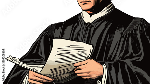 A stylized illustration of a judge, depicted from the chest up, wearing a black robe.  The judge is holding several sheets of paper, appearing to be reviewing documents