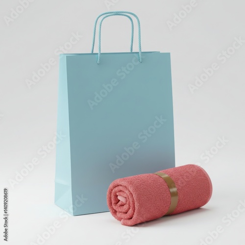 Sky blue bag and coral rolled towel mockup presentation