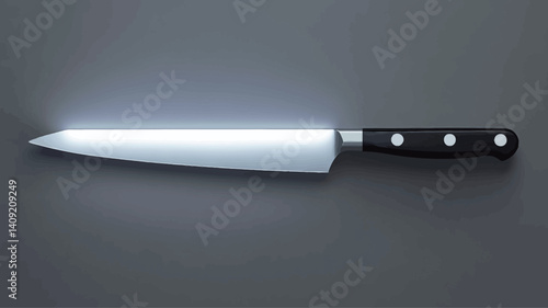 Close-up studio shot of a chef's knife lying horizontally on a grey background.  The knife is sharply focused, showing a polished steel blade with a subtle reflection and a black handle