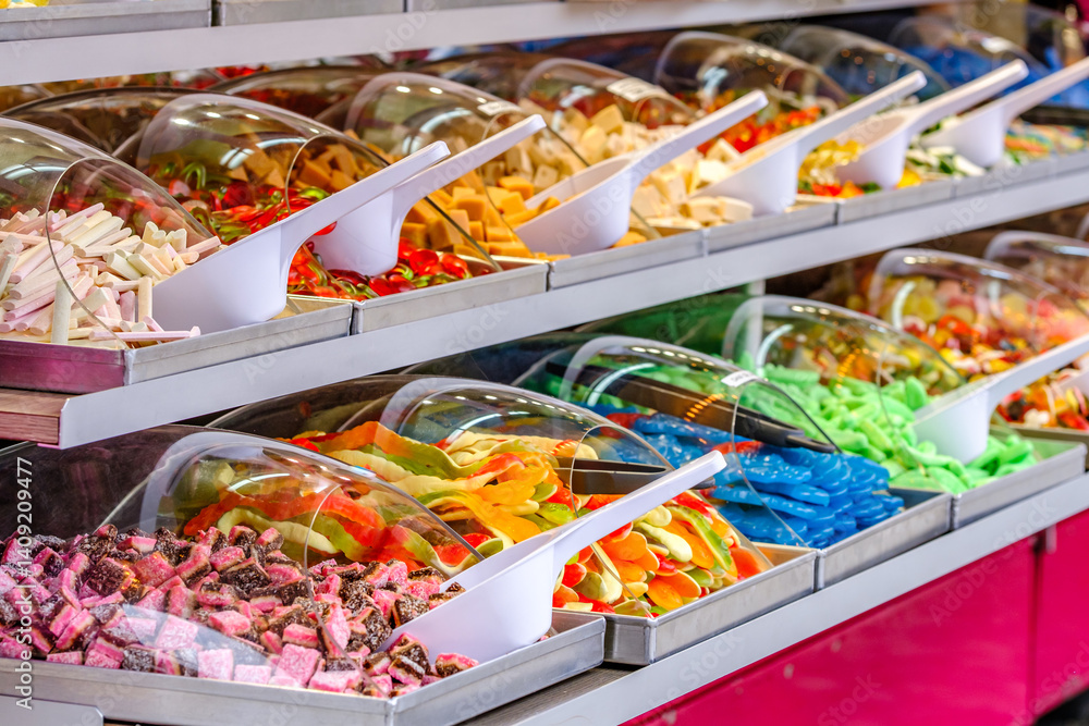 custom made wallpaper toronto digitalColorful candy display at a market featuring various sweets and treats during a sunny day