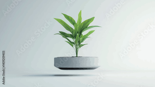 A close-up studio shot of a small, green plant with elongated leaves in a light gray, minimalist, bowl-shaped pot. The pot appears to be levitating against a bright white background