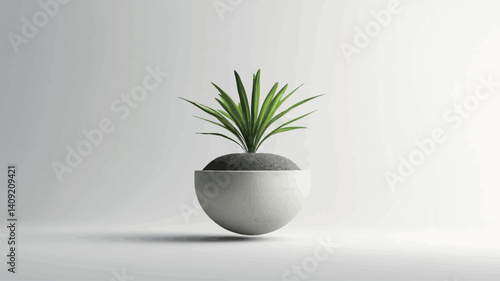 A close-up shot of a small green plant with long, slender leaves in a simple, off-white, spherical pot. The pot sits on a plain white background
