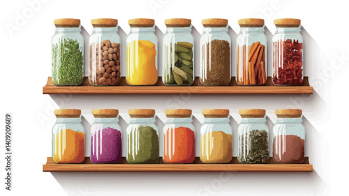 The image shows two wooden shelves holding multiple glass jars filled with various spices and herbs.  The jars have cork lids. The spices and herbs vary in color