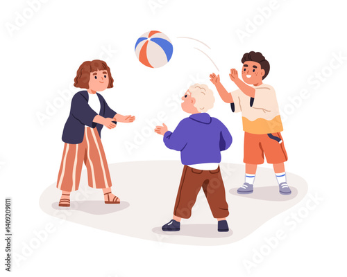 Kids playing with ball outdoors. Happy active children, joyful activity. Preschool kindergarten boys and girl friends, fun playtime together. Flat vector illustration isolated on white background
