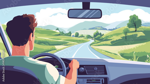 Vector illustration depicting a man from the interior view of a car driving on a winding road through a sunny, hilly landscape.  The style is cartoonish or illustrative