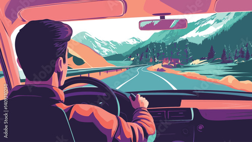A stylized vector illustration depicting the interior view from a car driving on a highway. The driver, a man, is seen from behind, his hand on the steering wheel