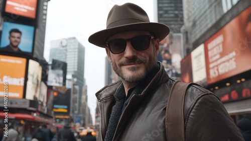 Man in hat and jacket, Times Square, New York City