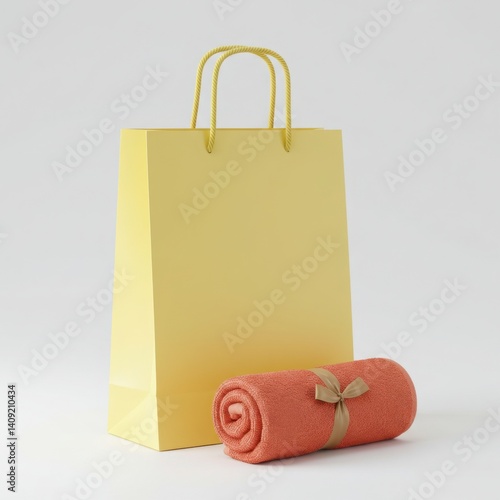 Yellow gift bag and small coral towel on white setup