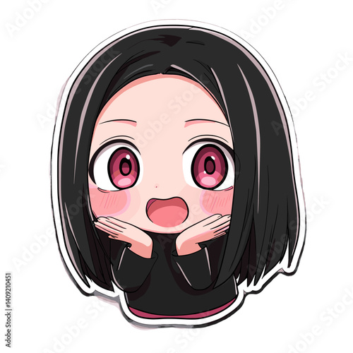 Excited chibi anime girl with wide pink eyes and black hair in cute surprised pose with hands on cheeks
