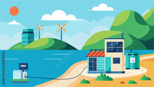 The eVTOLs operate silently using electric power to minimize their environmental impact and preserve the pristine beauty of the beach and surrounding area.. Vector illustration