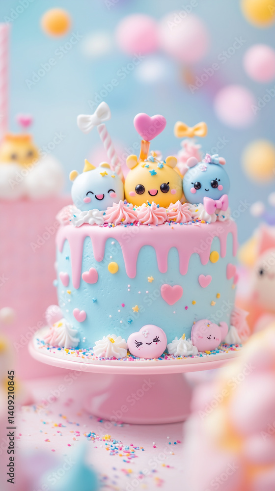 Cake with three smiling faces and three hearts on top Cake with three smiling faces and three hearts on top