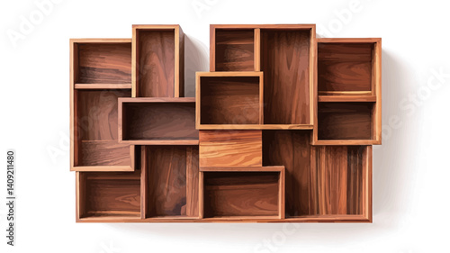 High-angle, full shot of a wall-mounted modular shelving unit constructed from various sizes of rectangular wooden boxes. The boxes are arranged in an abstract