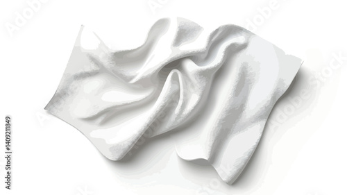 High-angle, close-up view of a crumpled piece of white fabric on a white background. The fabric is softly textured with visible wrinkles and folds, creating an abstract pattern