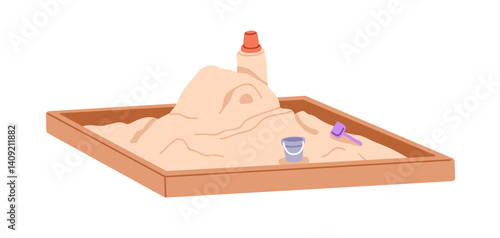 Sandbox with kids toys. Sand box, pit for kindergarten. Outdoor play area with bucket, shovel. Childrens sandpit, nursery playground. Flat graphic vector illustration isolated on white background
