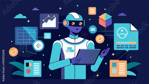 A virtual intelligence agent is able to autonomously sift through vast amounts of data to make informed decisions adapting and learning as new data becomes available.. Vector illustration