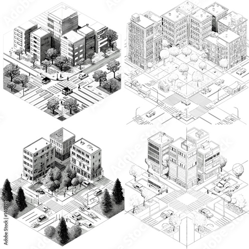Set of detailed isometric cityscape illustrations in monochrome line art, featuring urban buildings, streets, cars, and trees, ideal for architectural design and urban planning visuals.

