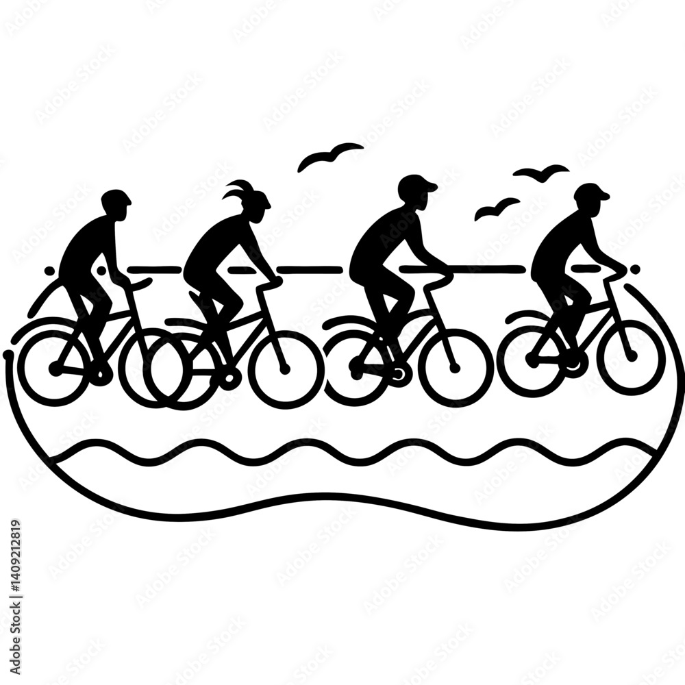 Obraz premium Silhouette of a group of people riding bicycles along a beach (