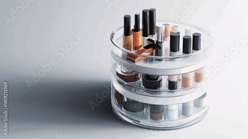 High-angle, close-up view of a three-tiered, cylindrical, clear acrylic rotating makeup organizer. The organizer is filled with various cosmetics, including tubes and bottles of varying sizes and