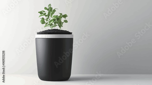 Close-up studio shot of a small green plant sprouting from dark gray/black cylindrical container against a plain white background. The container has a subtle white band near the top