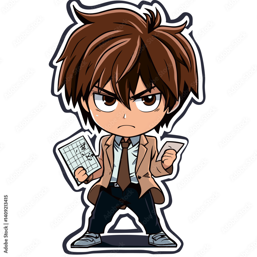 Serious chibi anime boy in business attire holding paper and pen with determined expression
Serious chibi anime boy in business attire holding paper and pen with determined expression