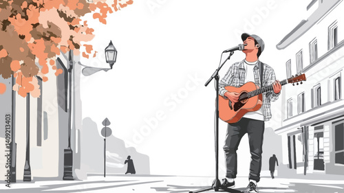 The image is a stylized illustration depicting a young man standing on a city street, playing an acoustic guitar and singing into a microphone.