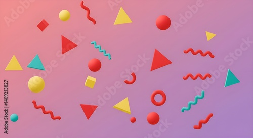 Geometric confetti in bold red, yellow, and teal on soft gradient background – modern high-resolution design with isometric lighting
