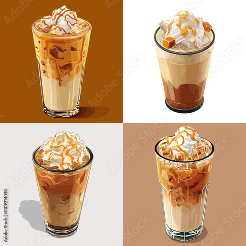 Set of iced caramel latte illustrations in clear glasses topped with whipped cream and syrup, ideal for coffee shop menus, digital art, and beverage-themed designs.

