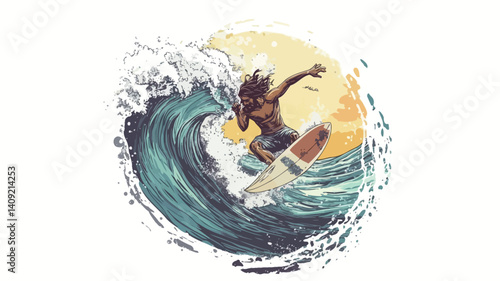 A stylized illustration depicts a person surfing. The illustration is rendered in a vibrant color palette featuring teal and blue hues for the ocean wave and warmer tones for the sun