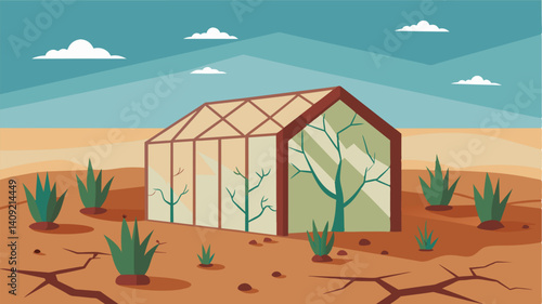 The cracked and parched soil surrounding the dying plants inside the greenhouse serves as a stark reminder of the arduous battle farmers face in maintaining their fields during. Vector illustration