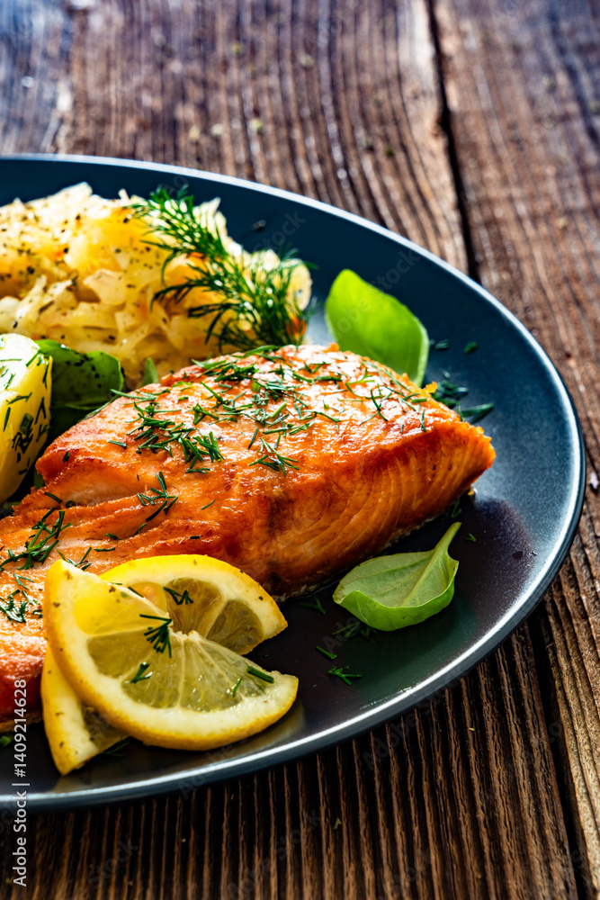 Seared salmon steak with boiled potatoes and sauerkraut on wooden table