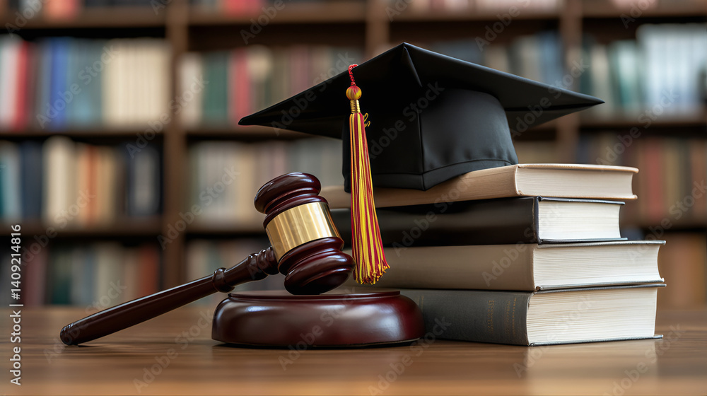 Fototapeta Gavel law books, graduation cap legal proceedings. Law school graduation with symbolic a gavel. Law graduate bilder with graduate cap on books in a library, an academic law, law school completion.