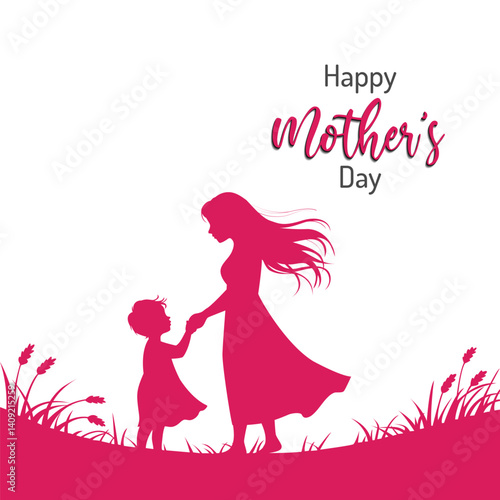 Happy Mother's Day Silhouette Vector Illustration with Mother and Child