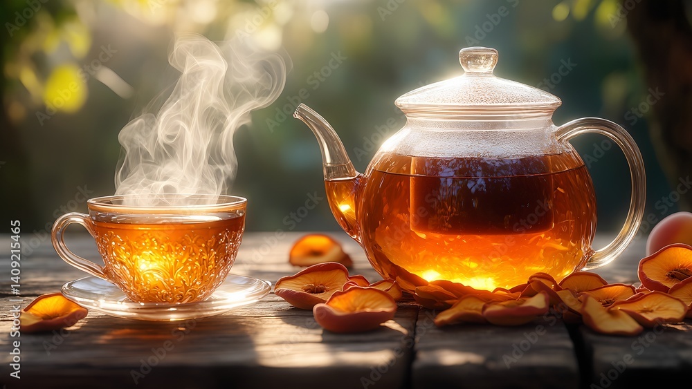 teapot and cup of peach tea teapot and cup of peach tea