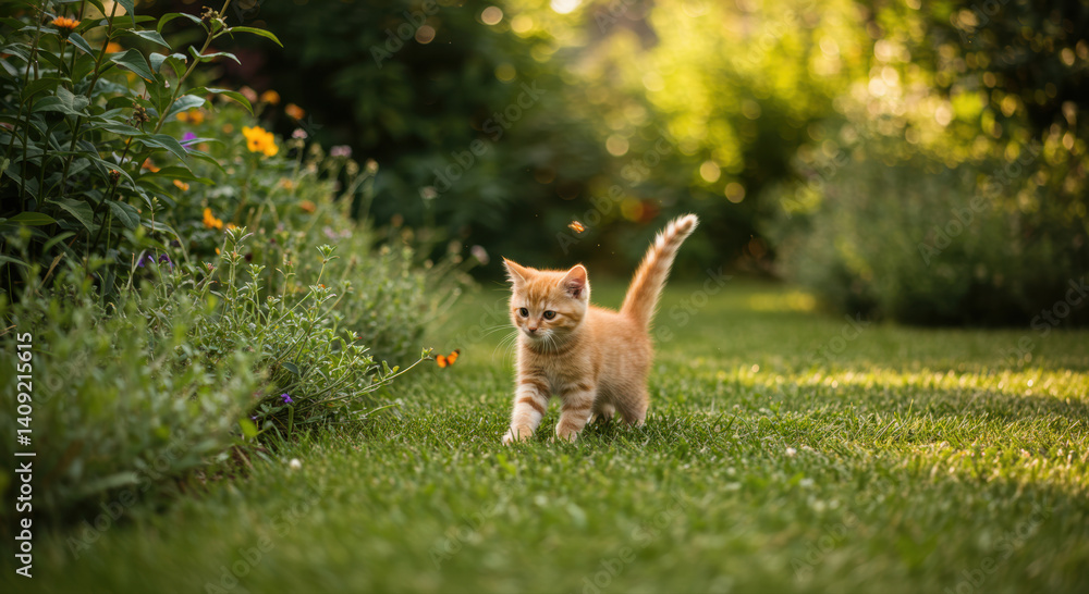 Fototapeta premium A cute orange kitten cautiously walks through the lush green grass of a sunny garden.