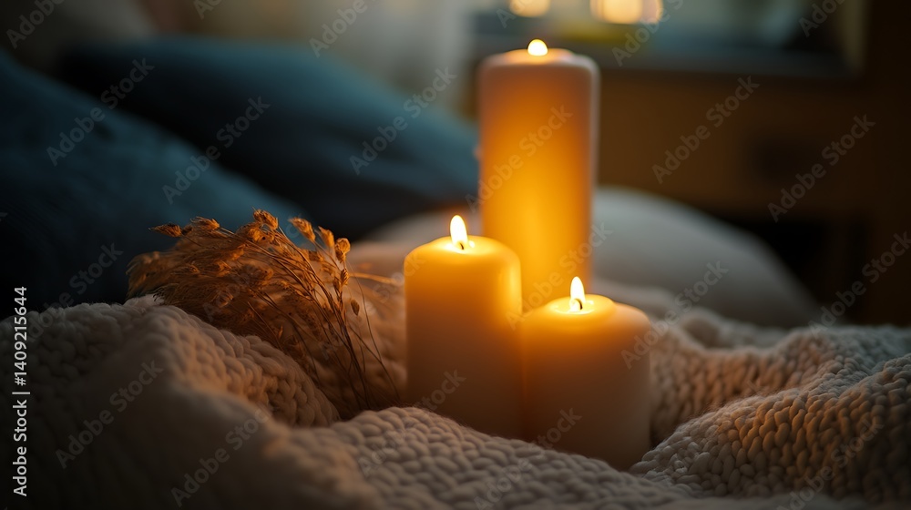 Burning Candles and Dried Wheat on Cozy Blanket for Relaxation Burning Candles and Dried Wheat on Cozy Blanket for Relaxation