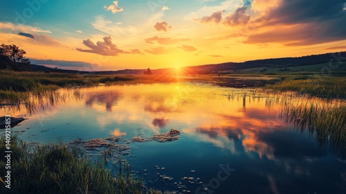 Wallpaper Mural Scenic sunset over a lake in a tranquil natural setting.  Perfect for nature, travel, or peaceful themes. Torontodigital.ca