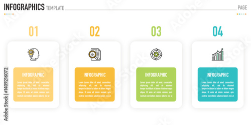 Rectangular infographic template or element with 4 step, process, option, colorful rectangle, icons, triangle, paper origami, button, tag, circle, circular, square bar for sale slide, internet planner