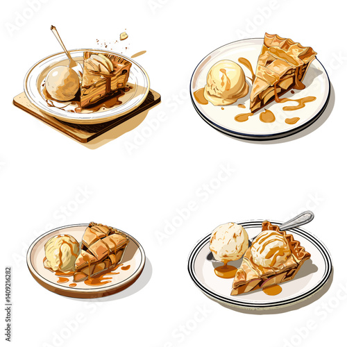 Set of delicious apple pie slices served with vanilla ice cream and caramel drizzle, perfect for dessert menus, bakery branding, or sweet treat illustrations.

